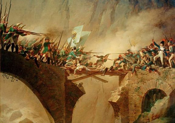 Бой русских и французов на Чертовом мосту на перевале Сен-Готтард 25-26 сентября 1799 года. Картина немецкого художника Йоганна Баптиста Зееле, 1802 г.