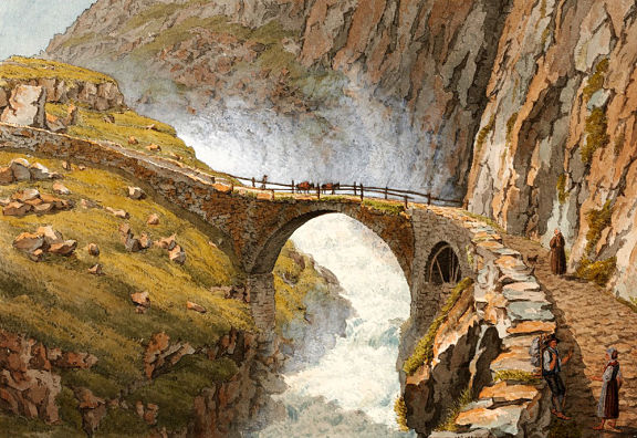 Чертов Мост в ущелье Шолленен. Швейцарский художник Генрих Келлер, до 1828 г.