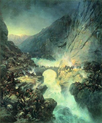 Бой на Чертовом мосту 14 сентября 1799 года. Картина A.E. Коцебу, 1857-1858 гг.
