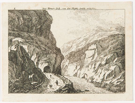 Вид на туннель "Урнерская дыра" со стороны площадки перед Чертовым мостом. Рисунок художника Саломона Гесснера, 1781 год